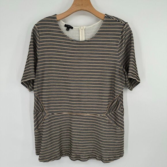 Talbots womens top tunic peplum black tan striped knit size 1X plus short sleeve - Picture 2 of 10